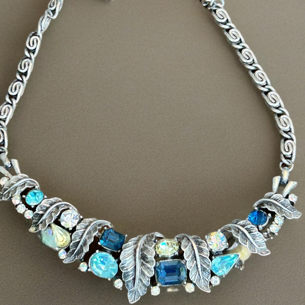 Coro Signed Silver Tone Blue, Yellow And Aqua Rhinestone Necklace MCM